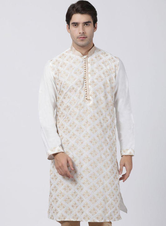 Men's White Cotton Silk Blend Kurta