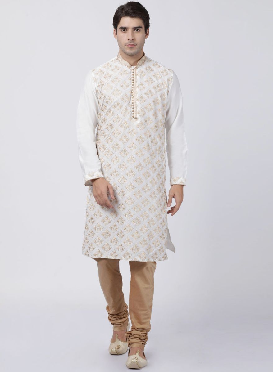 Men's White Cotton Silk Blend Kurta