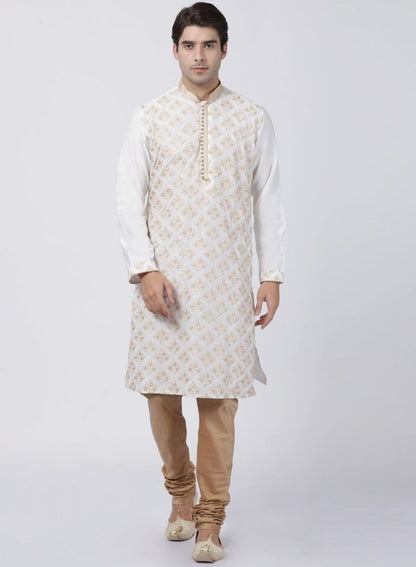 Men's White Cotton Silk Blend Kurta