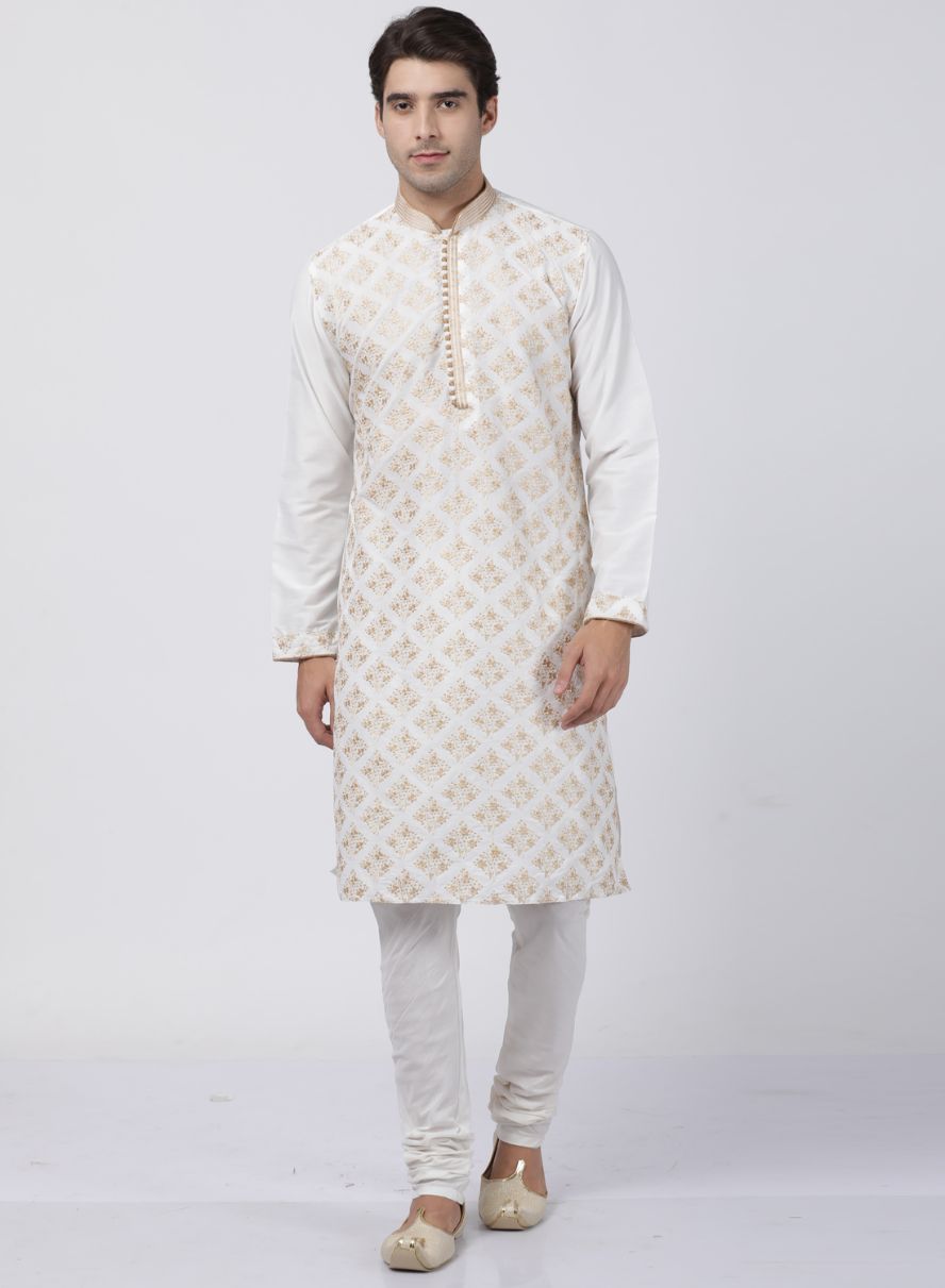 Men's White Cotton Silk Blend Kurta and Pyjama Set