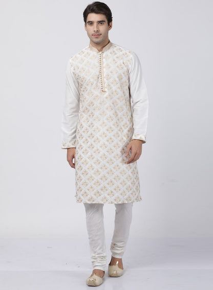 Men's White Cotton Silk Blend Kurta and Pyjama Set