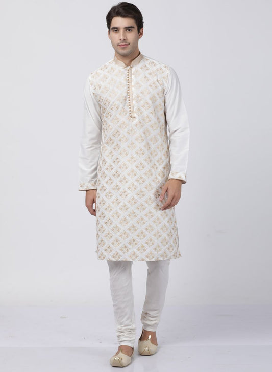 Men's White Cotton Silk Blend Kurta and Pyjama Set
