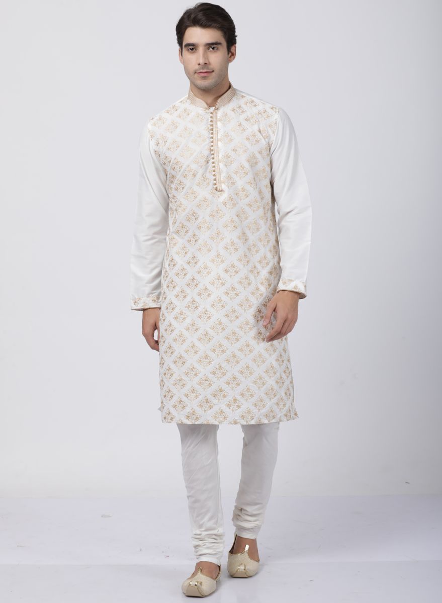 Men's White Cotton Silk Blend Kurta and Pyjama Set
