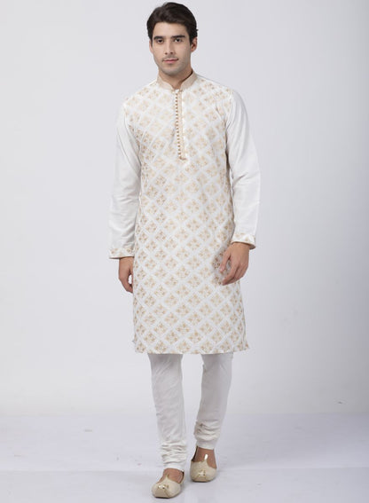 Men's White Cotton Silk Blend Kurta and Pyjama Set