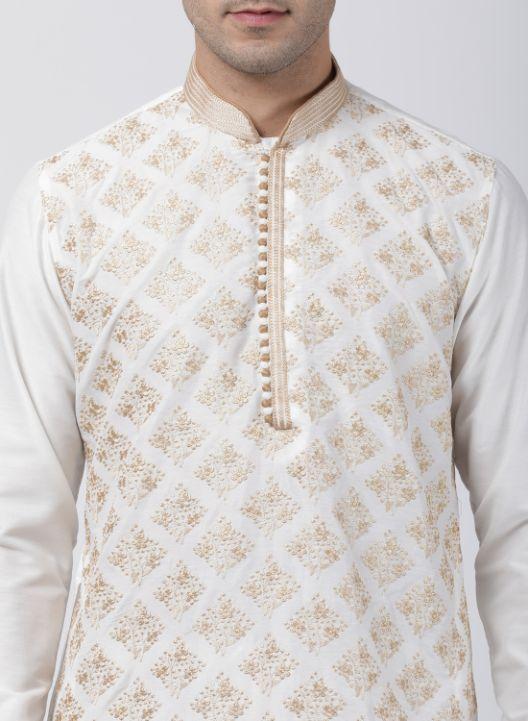 Men's White Cotton Silk Blend Kurta and Pyjama Set