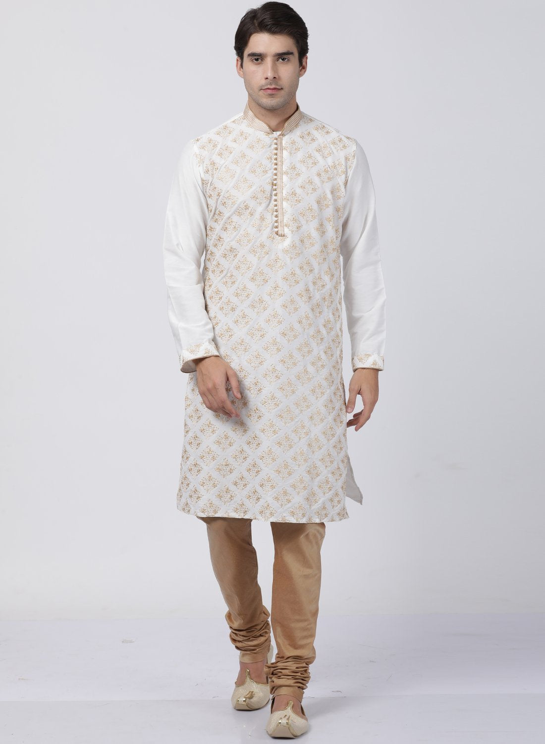 Men's White Cotton Silk Blend Kurta and Pyjama Set