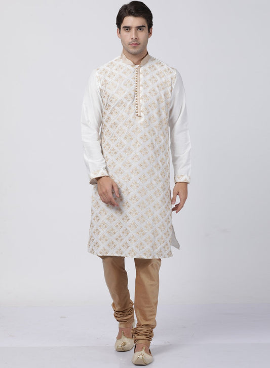 Men's White Cotton Silk Blend Kurta and Pyjama Set