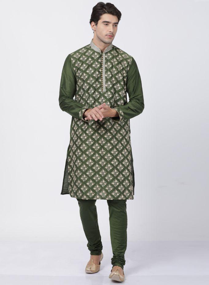 Men's Green Cotton Silk Blend Kurta