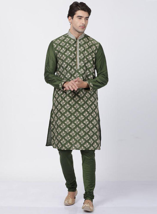 Men's Green Cotton Silk Blend Kurta