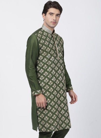 Men's Green Cotton Silk Blend Kurta