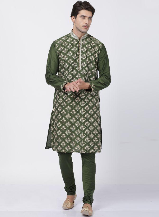 Men's Green Cotton Silk Blend Kurta