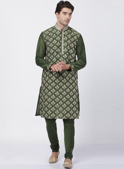 Men's Green Cotton Silk Blend Kurta