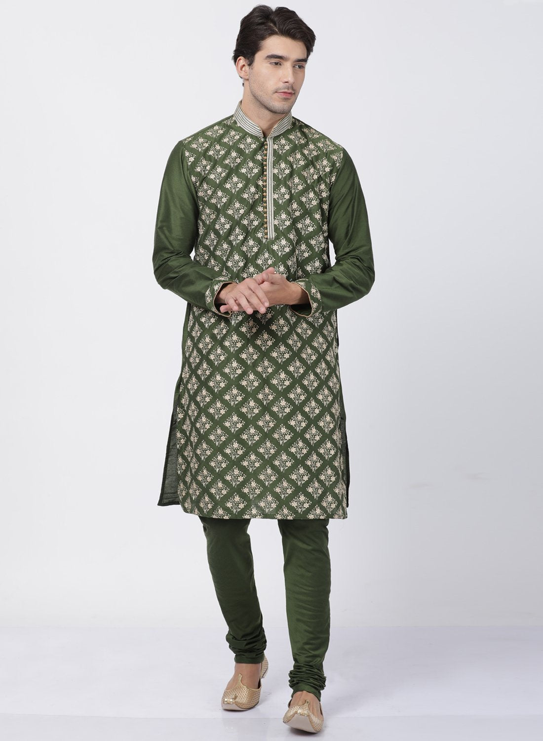 Men's Green Cotton Silk Blend Kurta and Pyjama Set
