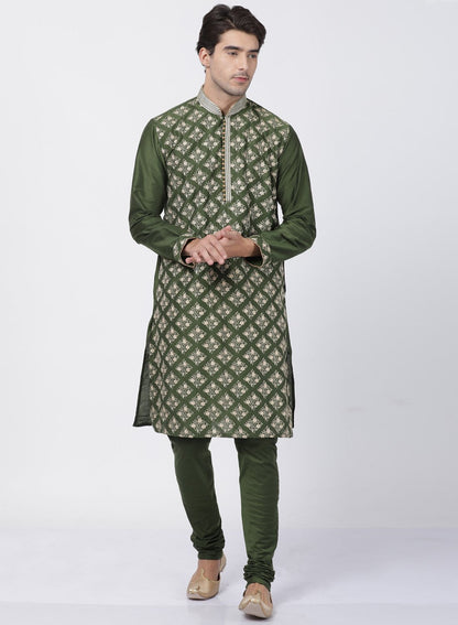 Men's Green Cotton Silk Blend Kurta and Pyjama Set