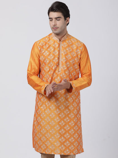 Men's Orange Cotton Silk Blend Kurta