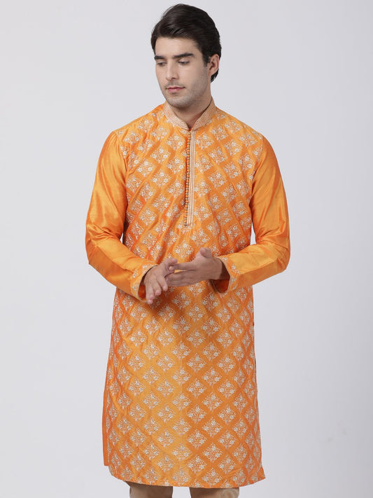 Men's Orange Cotton Silk Blend Kurta