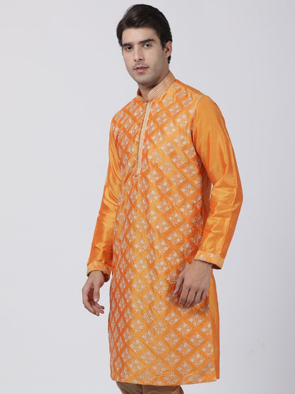 Men's Orange Cotton Silk Blend Kurta