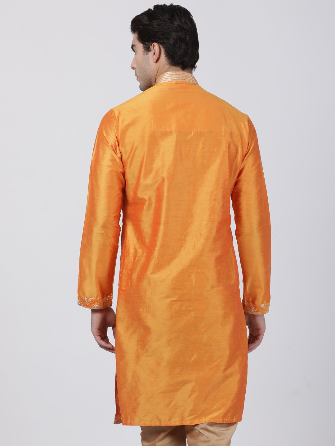 Men's Orange Cotton Silk Blend Kurta