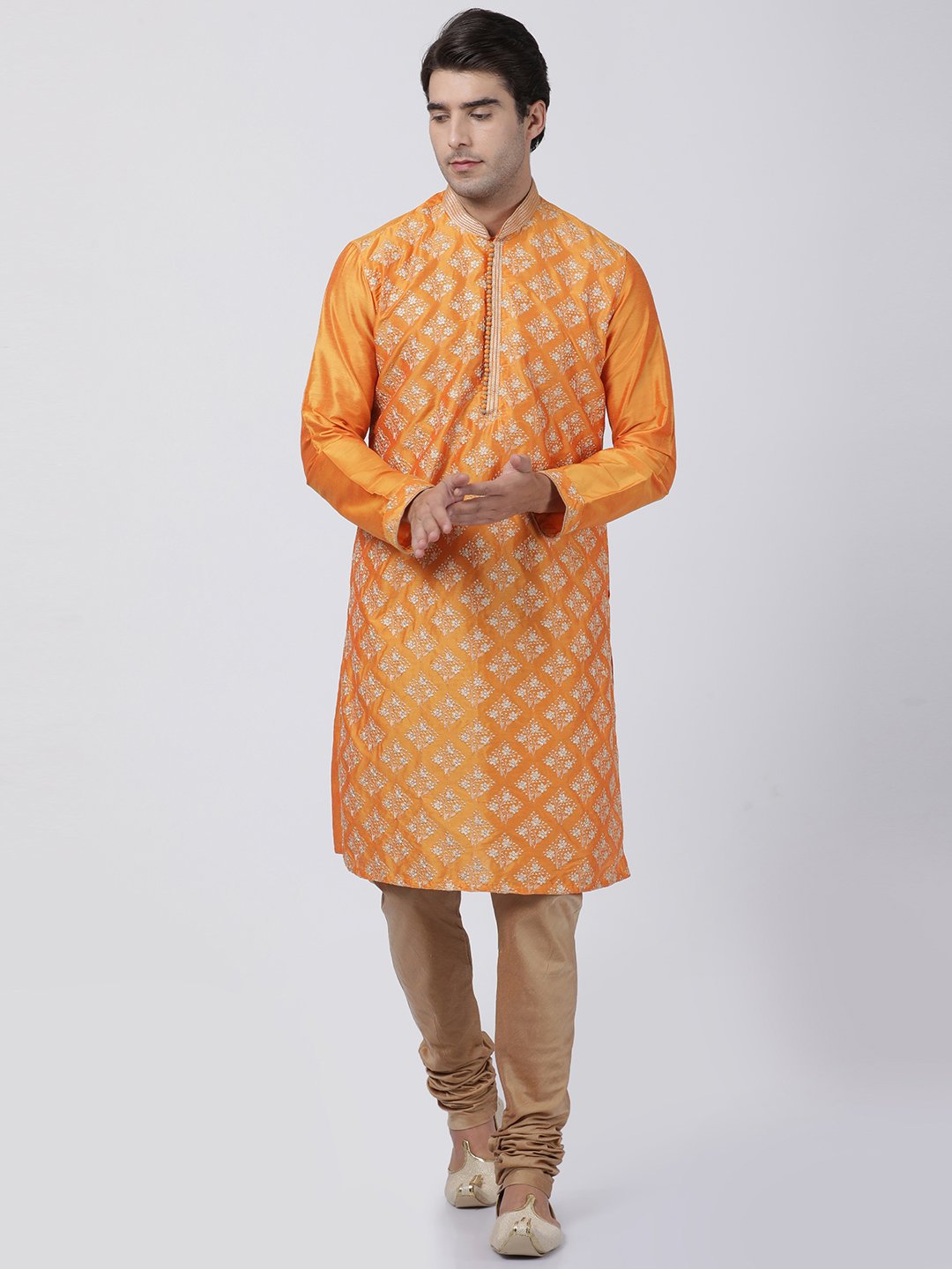 Men's Orange Cotton Silk Blend Kurta