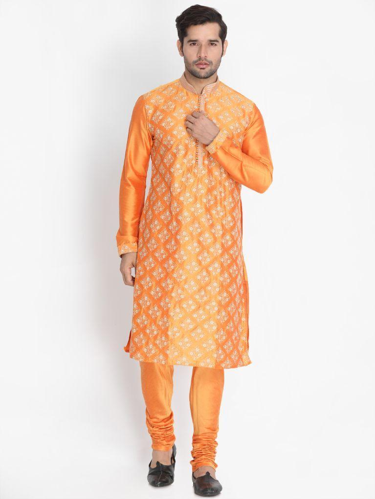 Men's Orange Cotton Silk Blend Kurta and Pyjama Set