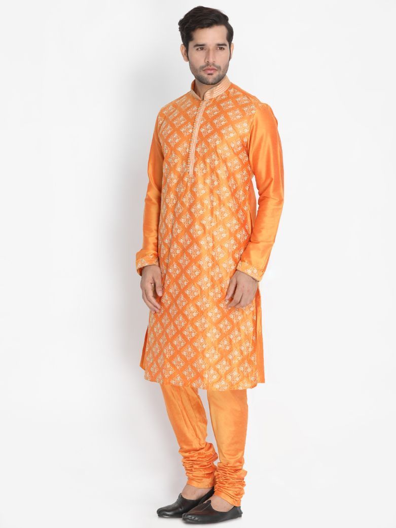 Men's Orange Cotton Silk Blend Kurta and Pyjama Set