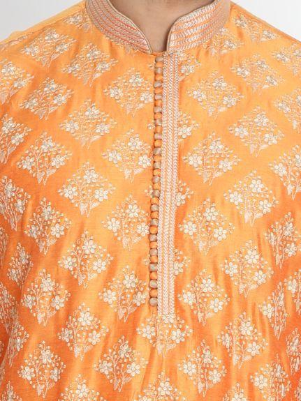 Men's Orange Cotton Silk Blend Kurta and Pyjama Set