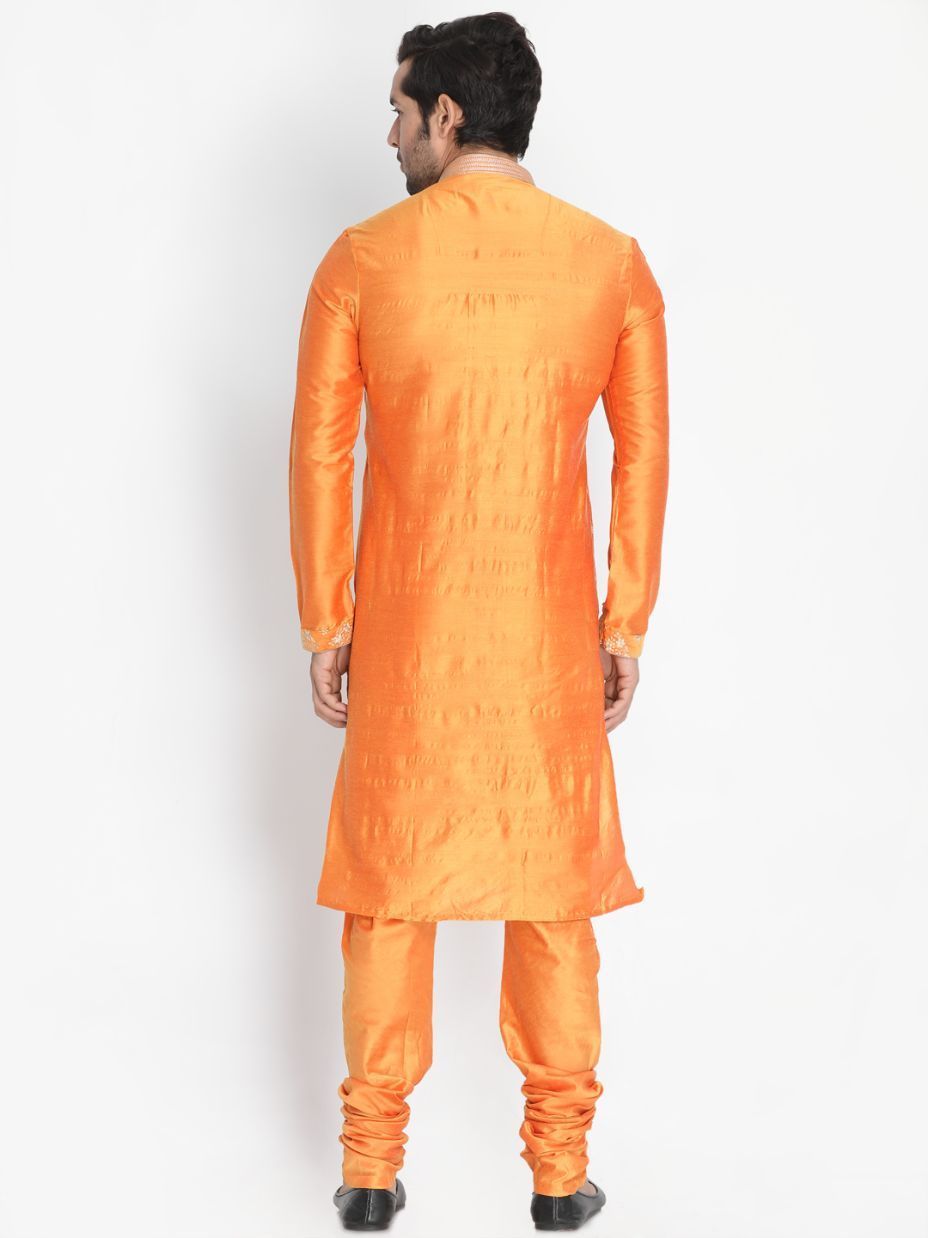 Men's Orange Cotton Silk Blend Kurta and Pyjama Set