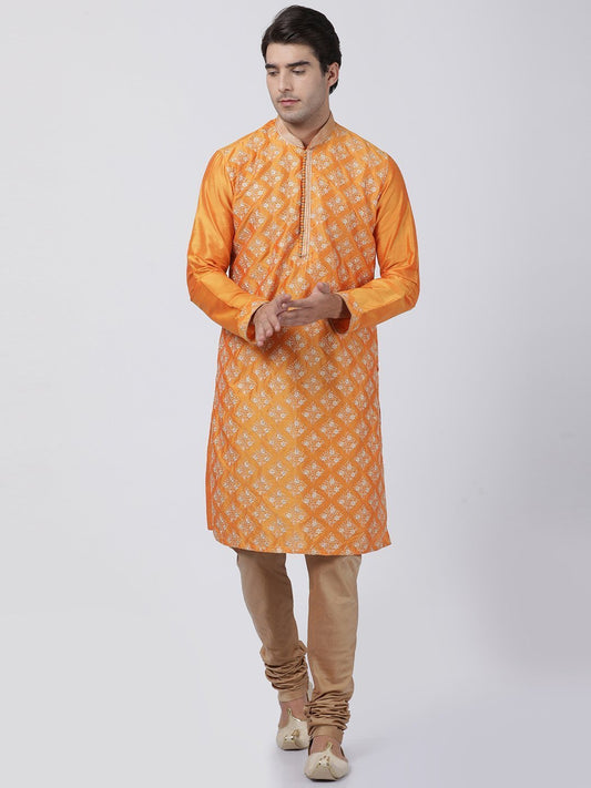 Men's Orange Cotton Silk Blend Kurta and Pyjama Set