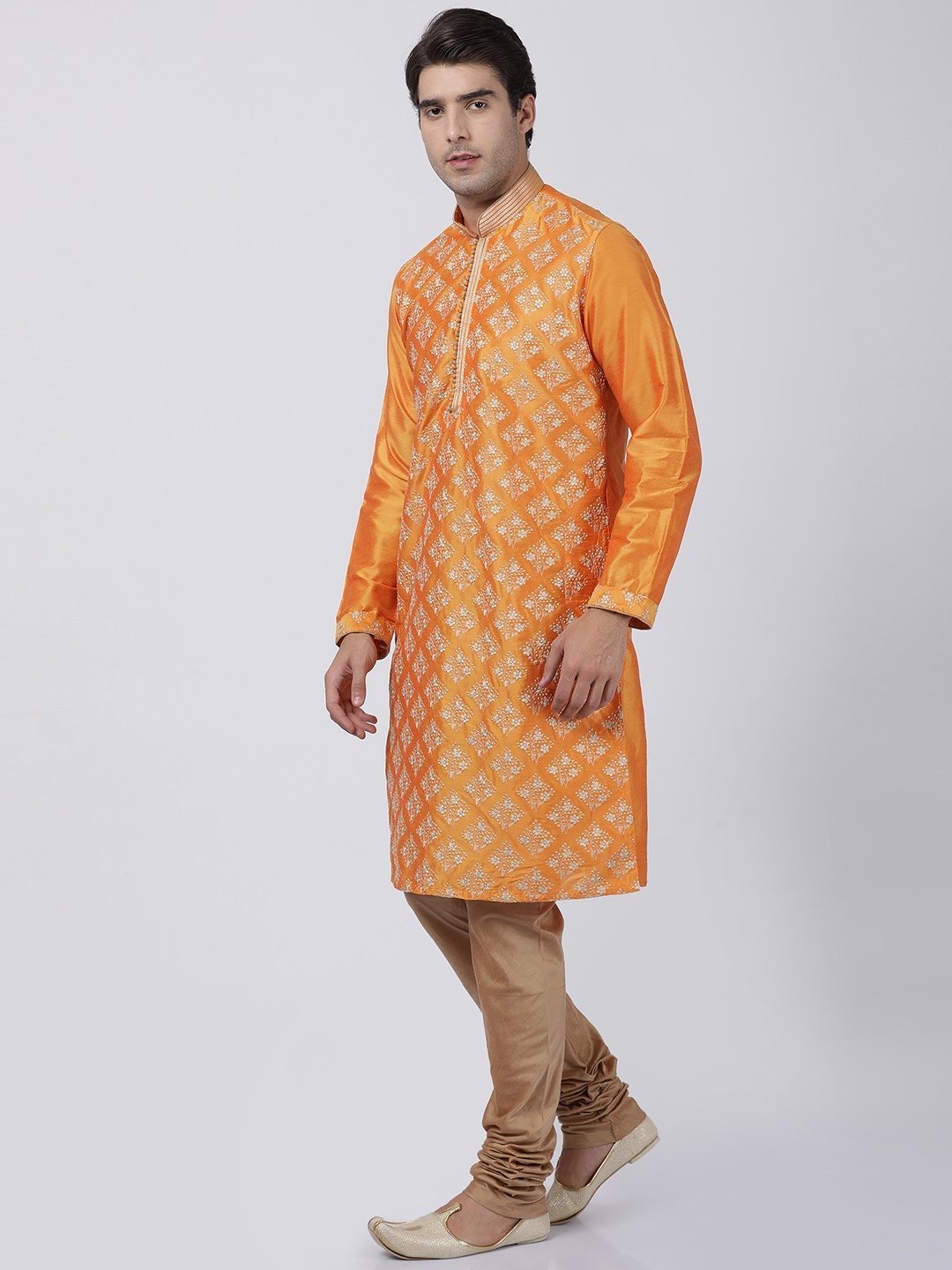 Men's Orange Cotton Silk Blend Kurta and Pyjama Set