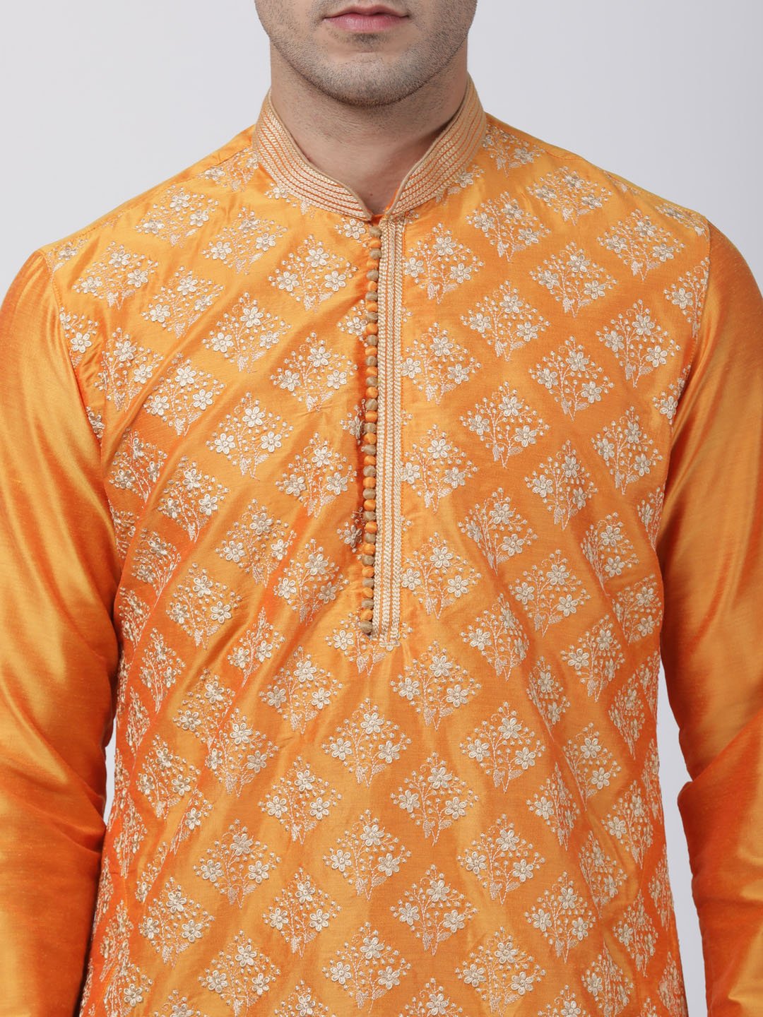 Men's Orange Cotton Silk Blend Kurta and Pyjama Set