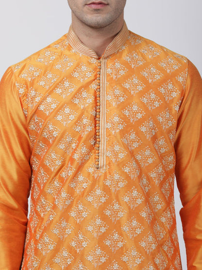 Men's Orange Cotton Silk Blend Kurta and Pyjama Set