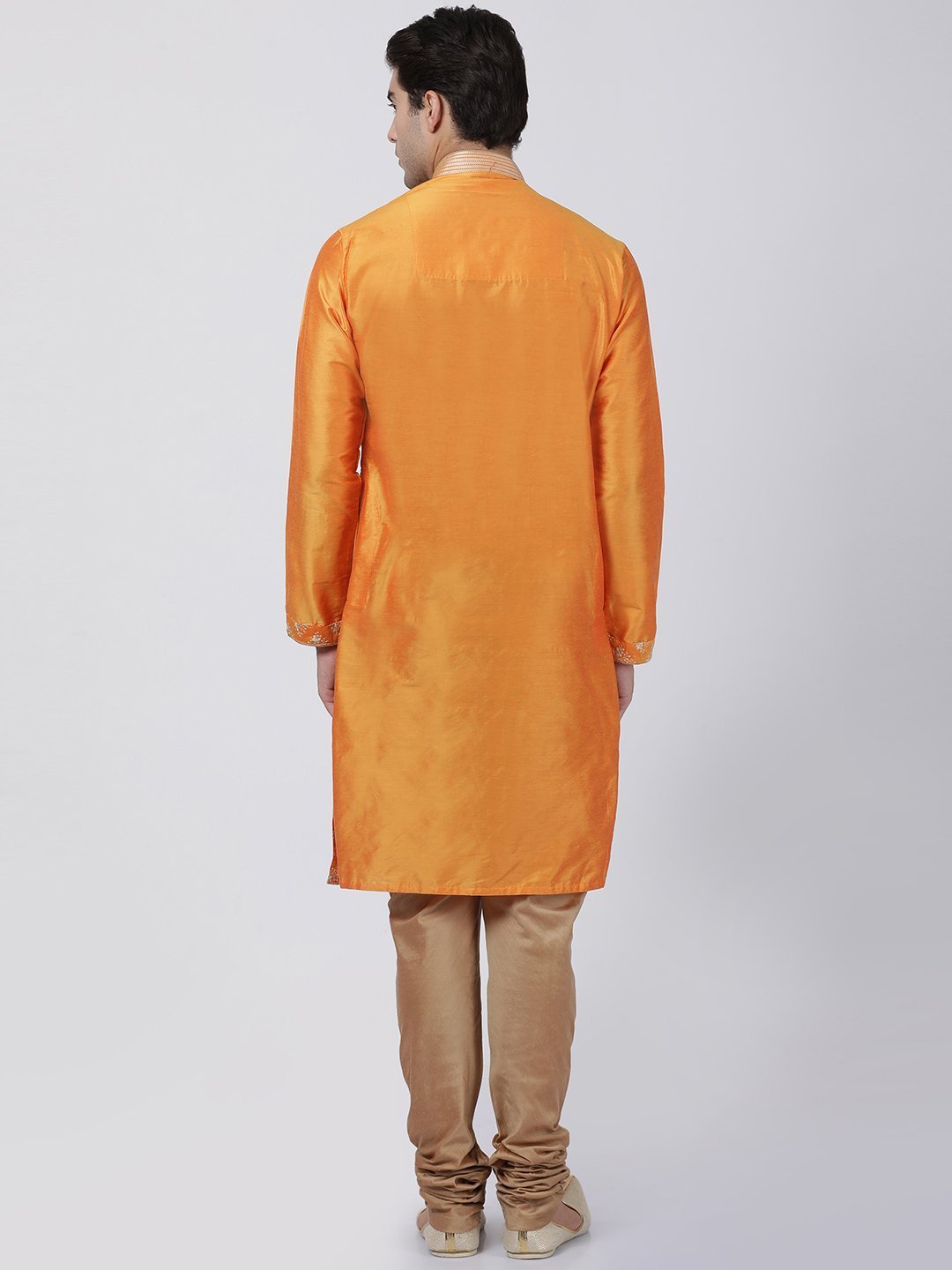 Men's Orange Cotton Silk Blend Kurta and Pyjama Set