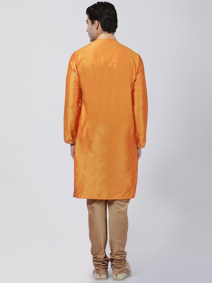 Men's Orange Cotton Silk Blend Kurta and Pyjama Set