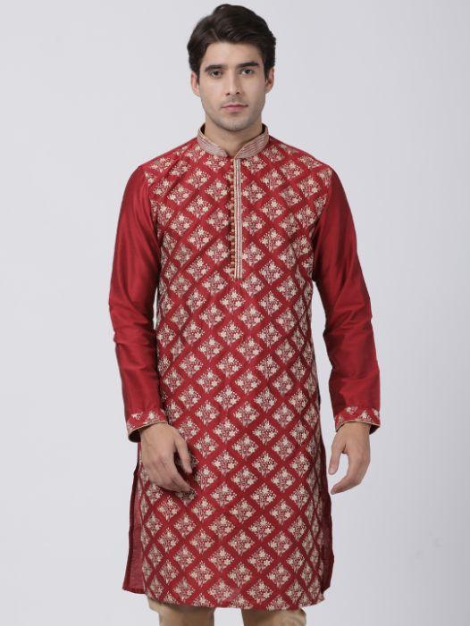 Men's Red Cotton Silk Blend Kurta