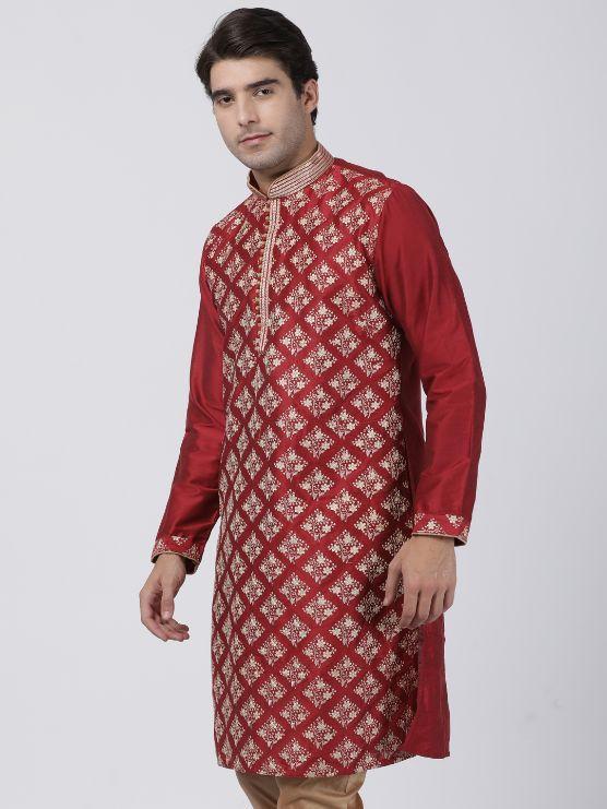 Men's Red Cotton Silk Blend Kurta