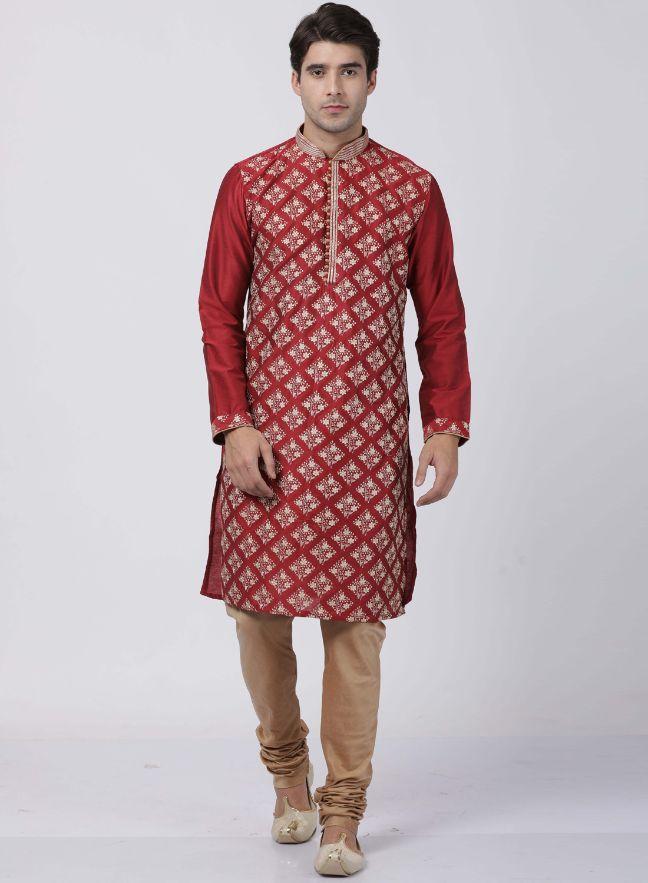 Men's Red Cotton Silk Blend Kurta