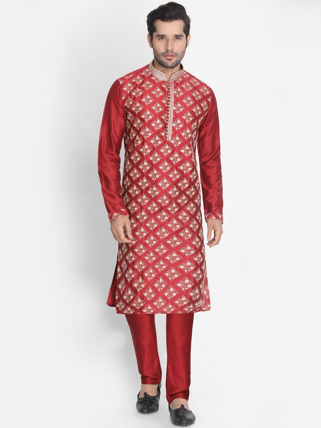 Men's Red Cotton Silk Blend Kurta and Pyjama Set