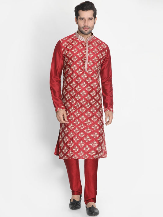 Men's Red Cotton Silk Blend Kurta and Pyjama Set