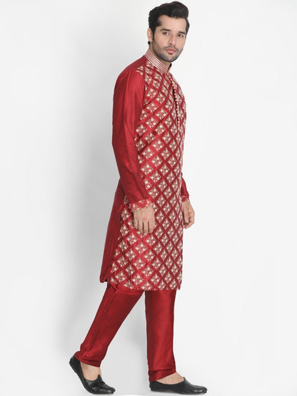 Men's Red Cotton Silk Blend Kurta and Pyjama Set