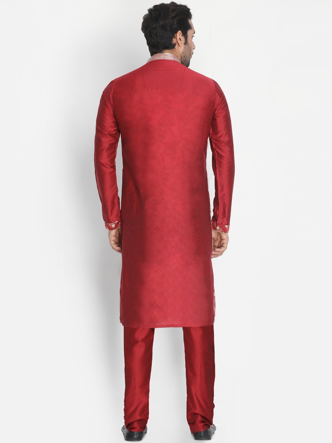 Men's Red Cotton Silk Blend Kurta and Pyjama Set