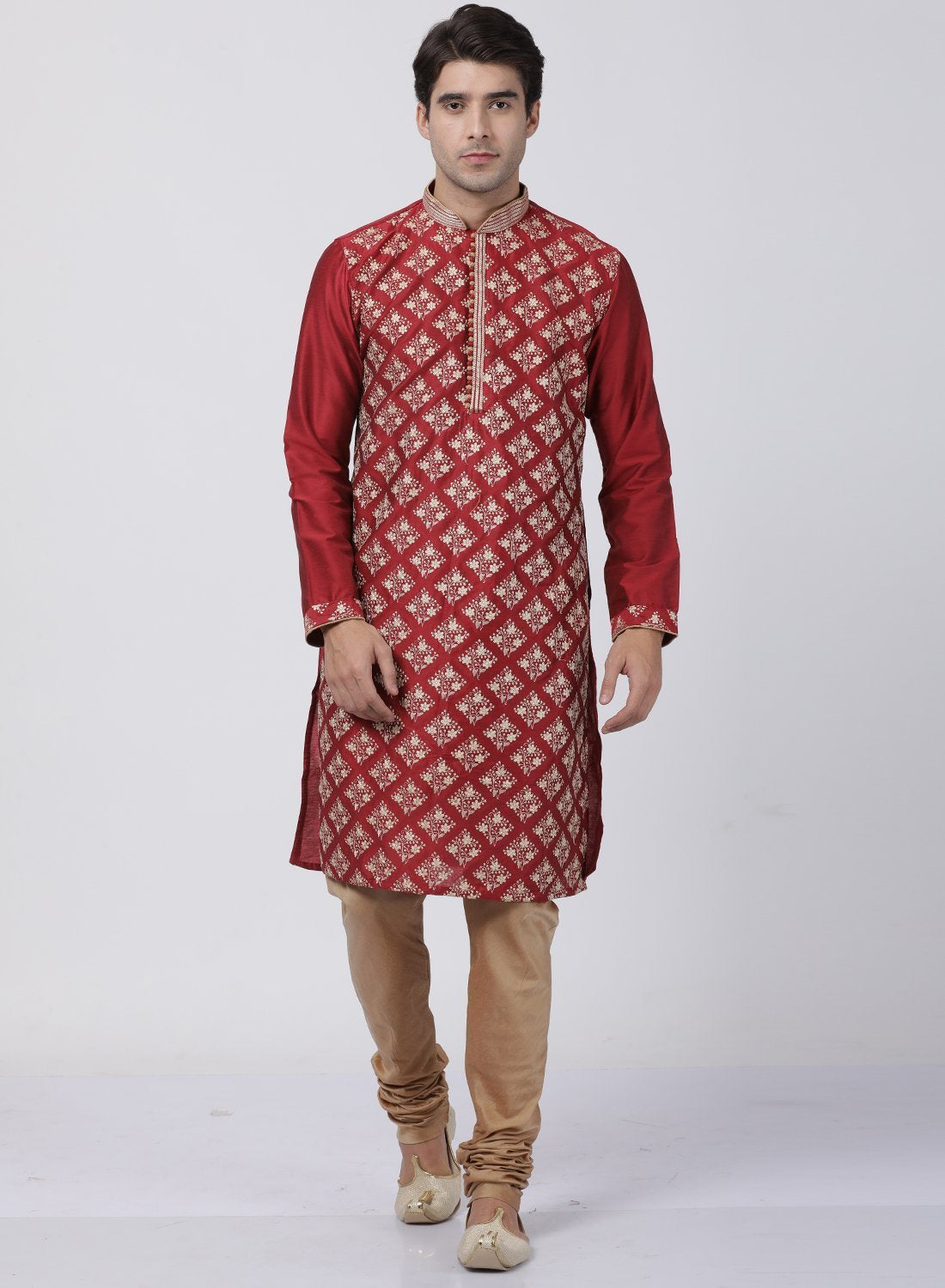 Men's Red Cotton Silk Blend Kurta and Pyjama Set