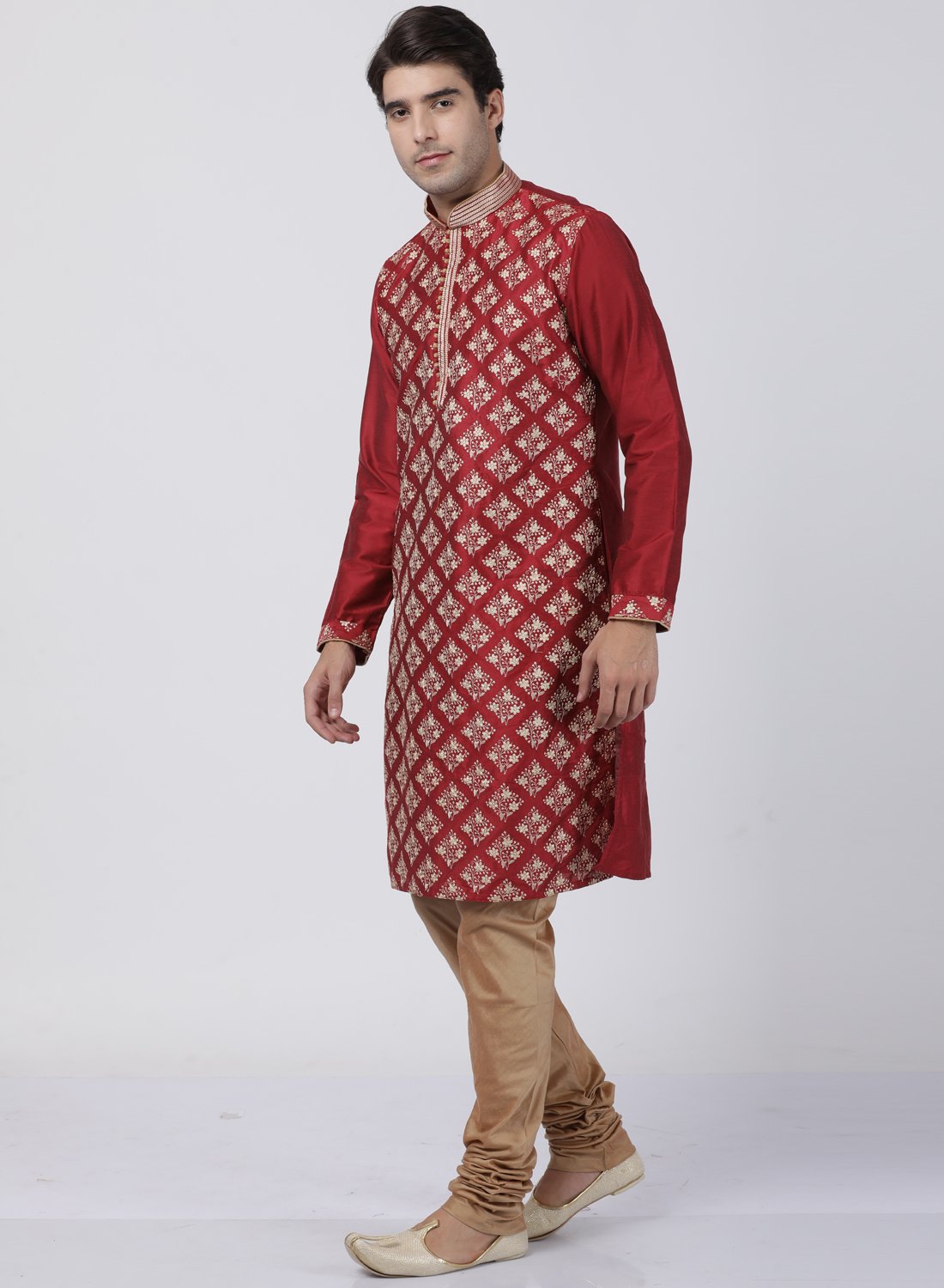 Men's Red Cotton Silk Blend Kurta and Pyjama Set