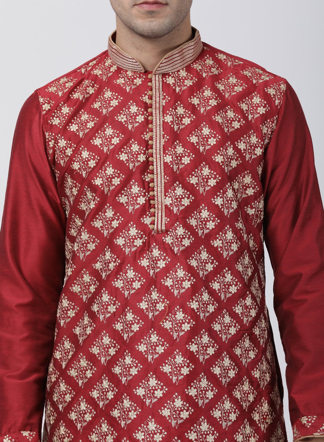 Men's Red Cotton Silk Blend Kurta and Pyjama Set
