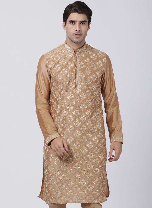 Men's Gold Cotton Silk Blend Kurta