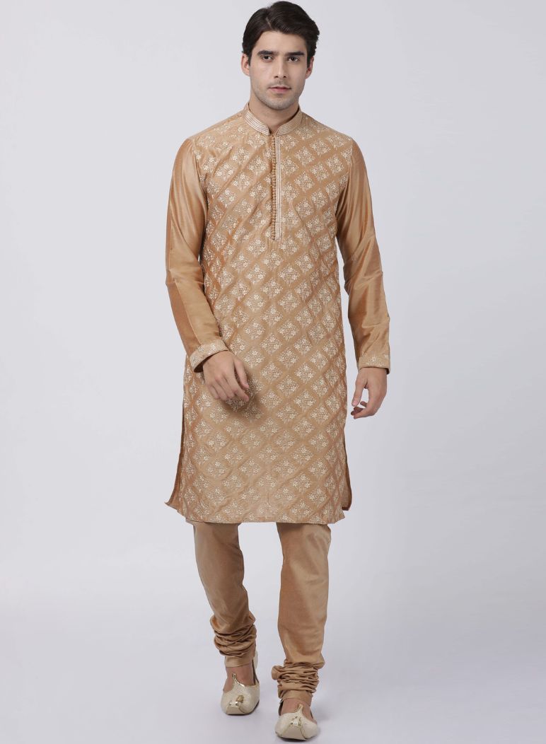 Men's Gold Cotton Silk Blend Kurta