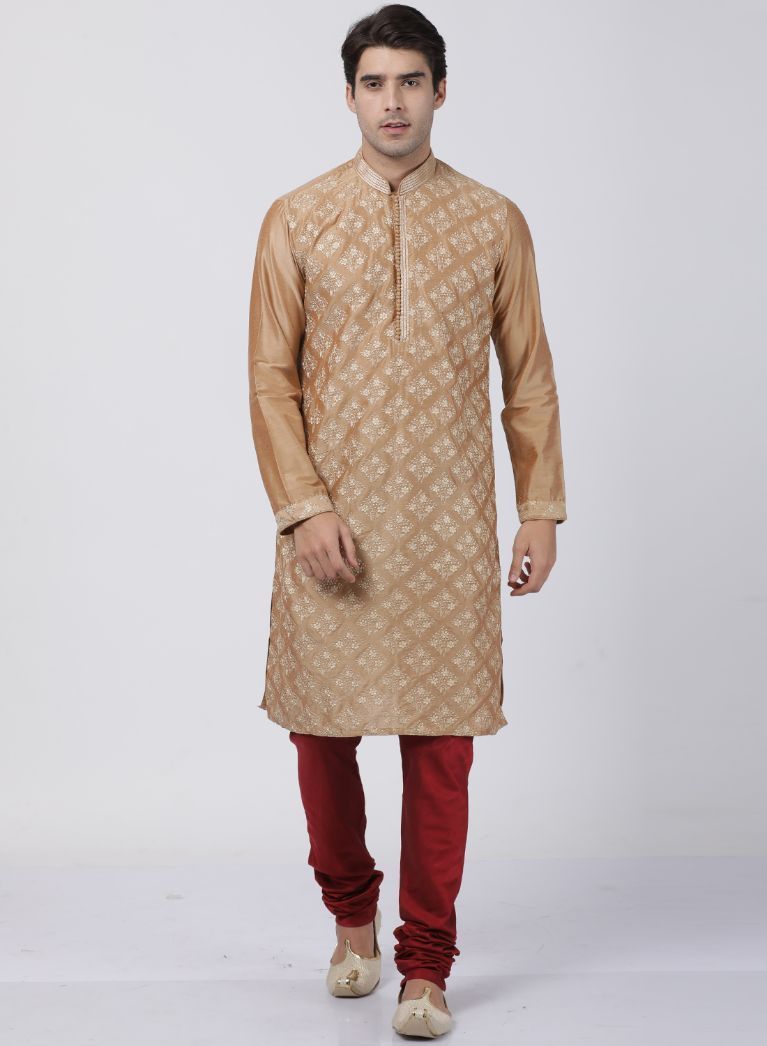 Men's Gold Cotton Silk Blend Kurta and Pyjama Set