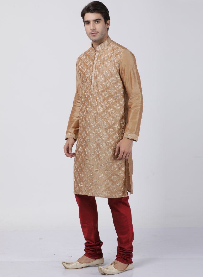 Men's Gold Cotton Silk Blend Kurta and Pyjama Set