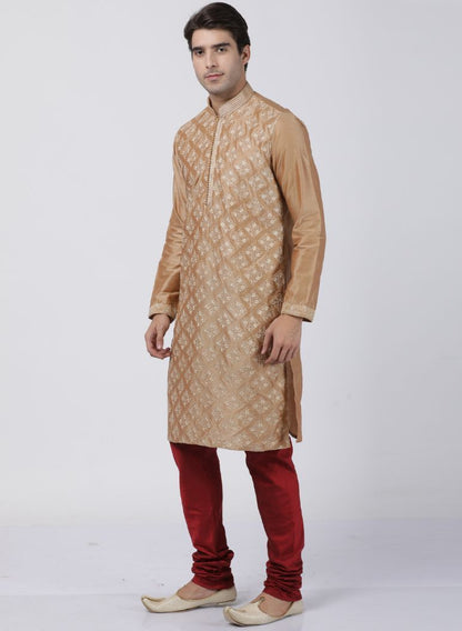 Men's Gold Cotton Silk Blend Kurta and Pyjama Set