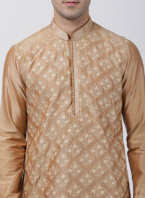Men's Gold Cotton Silk Blend Kurta and Pyjama Set