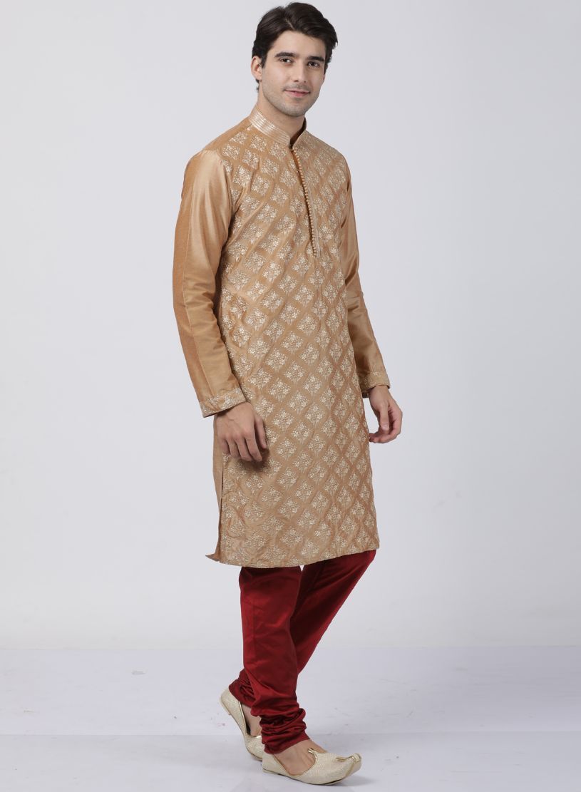 Men's Gold Cotton Silk Blend Kurta and Pyjama Set